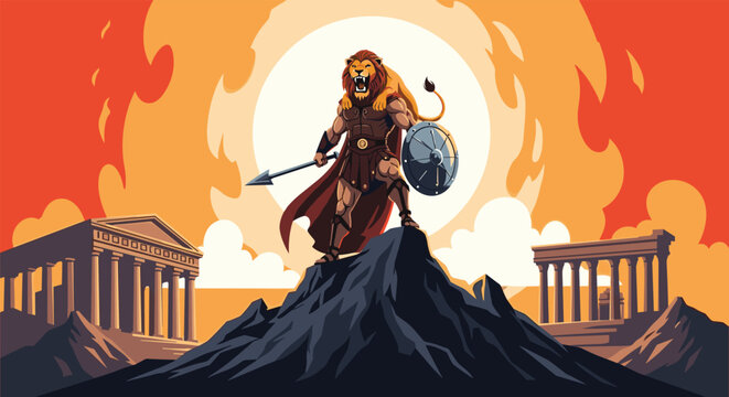 Mighty ancient warrior wearing a lion skin and holding a spear and shield while standing atop a mountain during a sunset.