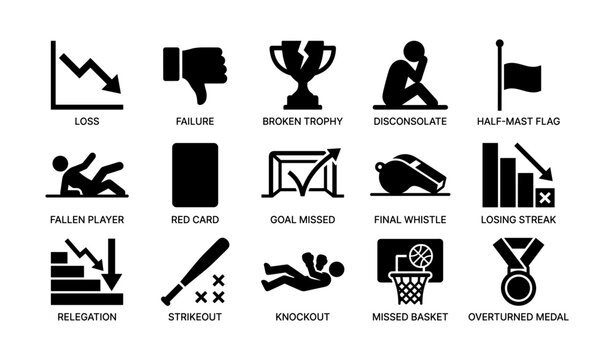 Sports failure icons depicting loss, trophy, disconsolate figure, and red card