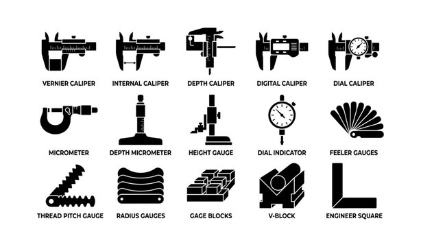 Assorted measuring tools: calipers, gauges, and blocks icons collection