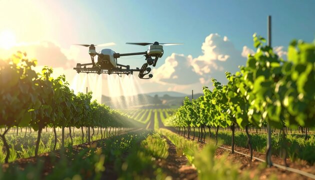 Drone monitoring vineyard for optimal grape cultivation and harvest.