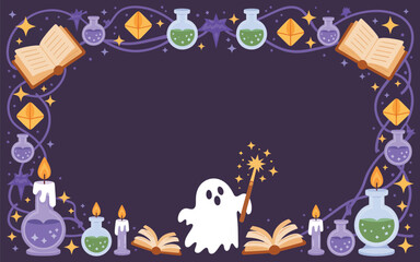 Naklejka premium Halloween purple border with ghost magic wand books potions and candles background element template for text graphic element halloween witchcraft background illustration template decoration