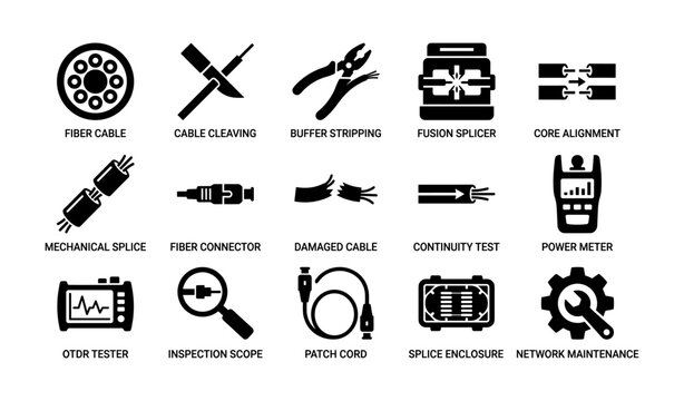Telecommunication tools and equipment icons: fiber, splicer, tester, meter, cable