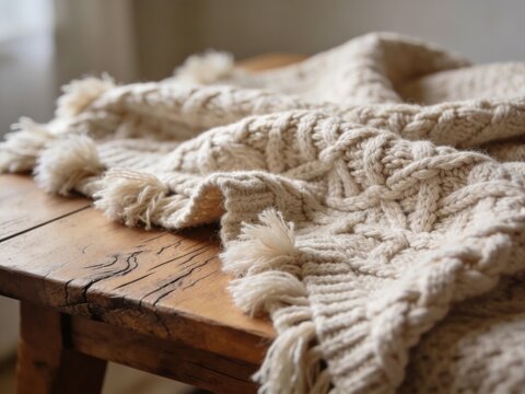 Close up of a cream-colored knitted blanket with tassels on a wooden table.