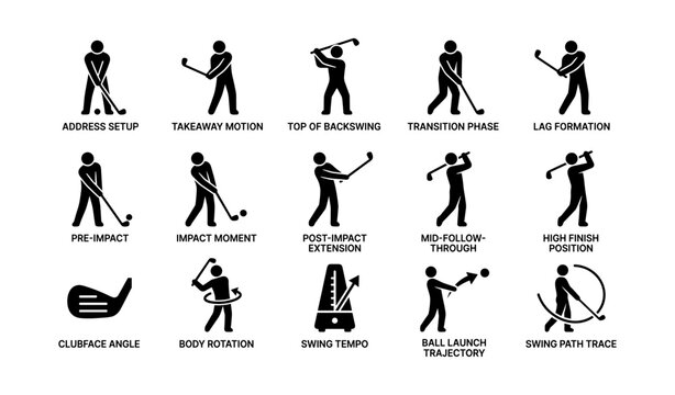 Golf swing technique diagram illustrating key positions and movements