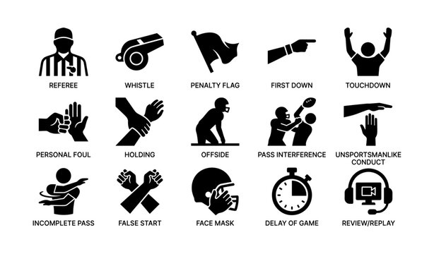 American football symbols: referee, whistle, touchdown, penalty flag icons