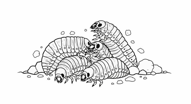 A detailed black and white illustration of a group of plump grubs amidst small stones