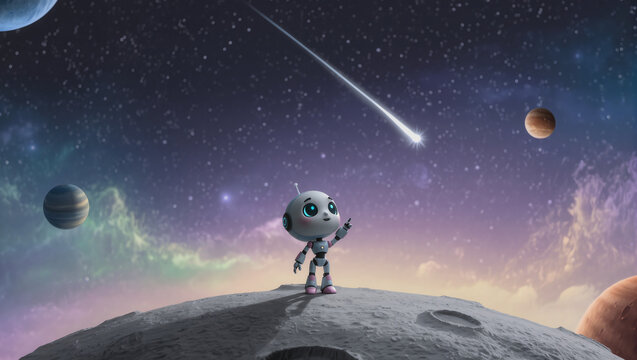 Adorable chibi robot standing on the moon surface, pointing at a bright shooting star across the universe, planets and nebula in the background, soft lighting, pastel tones, 