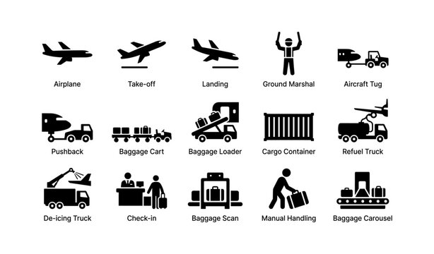 Airport icon set: airplane, ground operations, baggage handling, safety procedures
