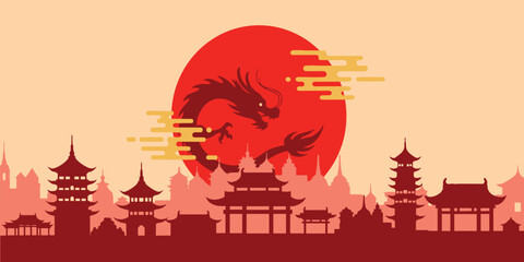 Asian skyline vector with pagoda silhouettes and rising sun featuring dragon motif, cultural landscape illustration ideal for travel themes, posters, branding, banners, and digital design projects. © Infinity Focus