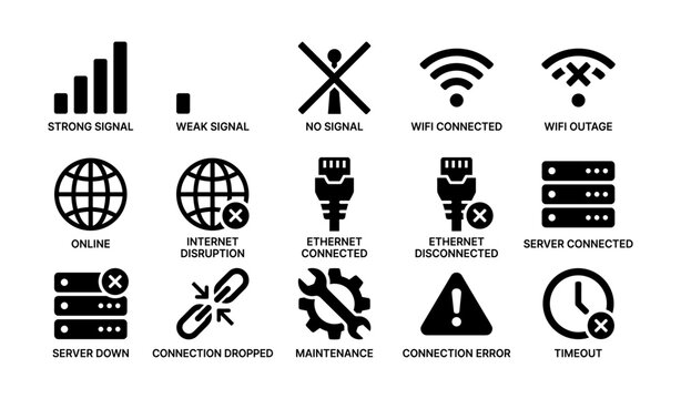 Network connection icons: signal, wifi, ethernet, server, maintenance, error, timeout
