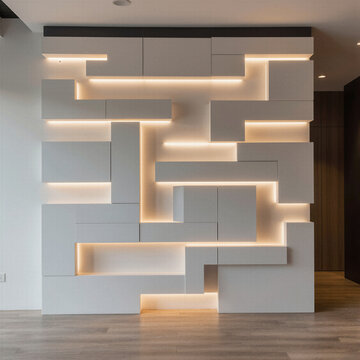 Creative interior wall design featuring an elegant backlit geometric display shelving unit on a light panel for modern home decor and stylish residential concepts.