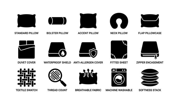 Icon set of various pillow and bedding types with features