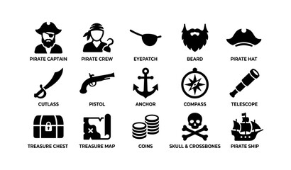 Fototapeta premium Pirate icons set: captain, crew, eyepatch, beard, hat, cutlass, pistol, anchor