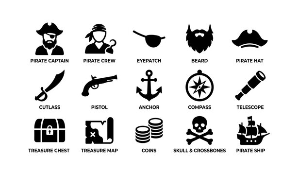 Pirate icons set: captain, crew, eyepatch, beard, hat, cutlass, pistol, anchor