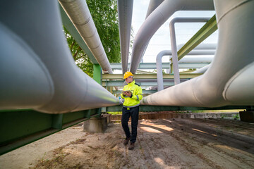 Industrial worker in high-visibility jacket checks tablet amidst large pipes