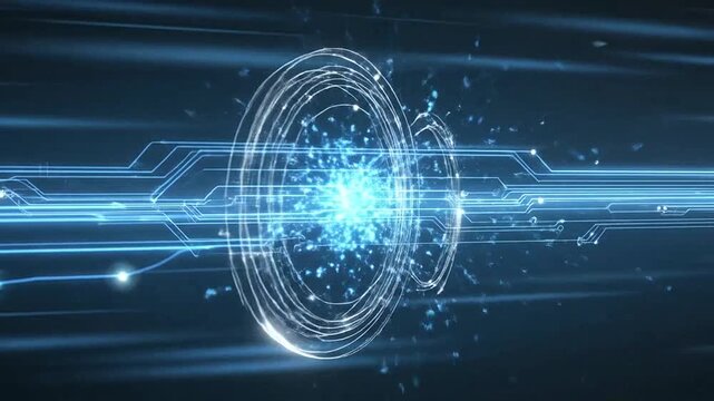 Abstract digital background with glowing circular rings and fast light streaks