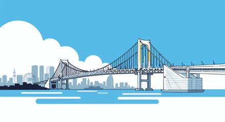 Fototapeta premium A suspension bridge spans a body of water with a city skyline and clouds in the background