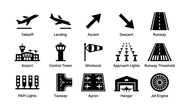 Airport icons and symbols: takeoff, landing, control tower, windsock