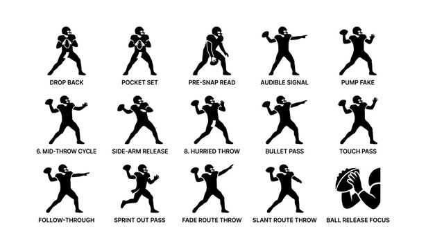 Silhouettes illustrating diverse american football quarterback techniques