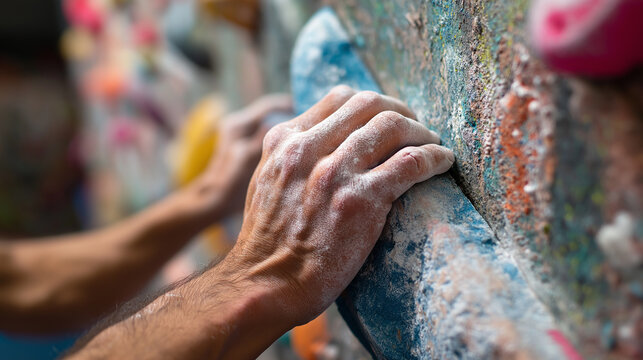 Bouldering Rock climbing: a close-up of chalky hands gripping a bright colored hold on an indoor climbing wall