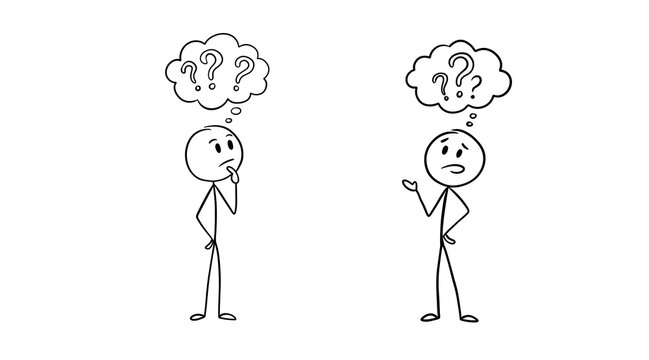 Two Stick Figures Puzzled with Multiple Question Marks Thoughts Over Transparent Background. For adding a humorous, inquisitive, or confused context to vlogs, intros, title cards, and social media con