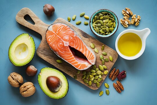 salmon fillet with avocado nuts and seeds on wooden board