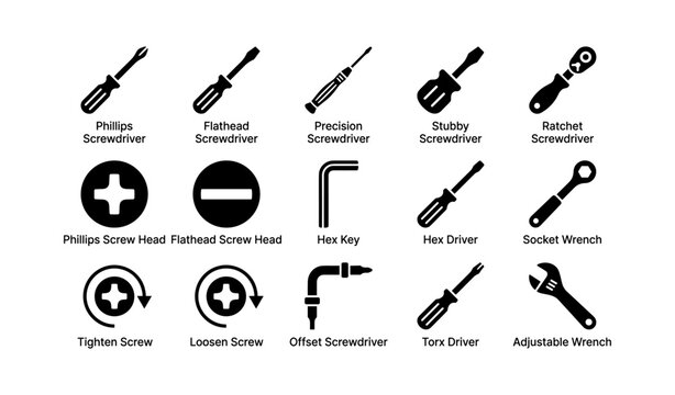 Various screwdrivers and wrench tool icons set with screw heads and uses