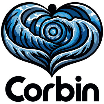 Stylized Heart-Shaped Ocean Wave Logo with Corbin Text, Blue Nautical Sea Swirl Graphic, Surf and Marine Inspired Emblem Illustration