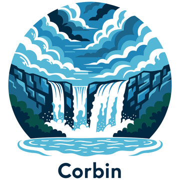 Stylized Vector Badge Illustration of Cumberland Falls in Corbin, Kentucky, featuring Dramatic Cascading Waterfalls, Rugged Cliffs, and Blue Clouds in a Flat Nature Travel Poster Style