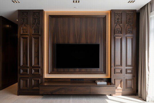 Warm glowing lights illuminating a classic elegant interior hallway with dark wood paneling and sliding doors for luxury home decor and sophisticated residential architecture.