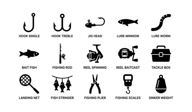 Fishing equipment icons: hooks, lures, bait, tackle box, net, scales