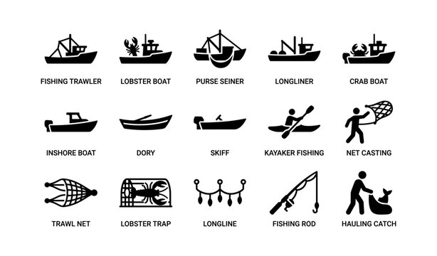 Vector icons of fishing vessels and equipment including trawler and lobster boat