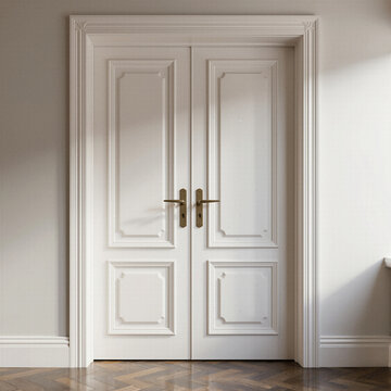 Classic white wooden double door design set in a light beige wall interior for elegant home renovations traditional residential architecture and stylish entryway concepts.