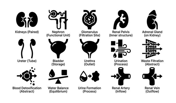 Medical icons set depicting urinary system functions and structures