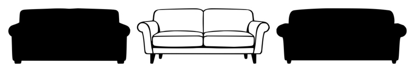 Obraz premium Sofa set with black silhouette on white background featuring modern, minimalistic, line art sofa illustration with furniture and interior design