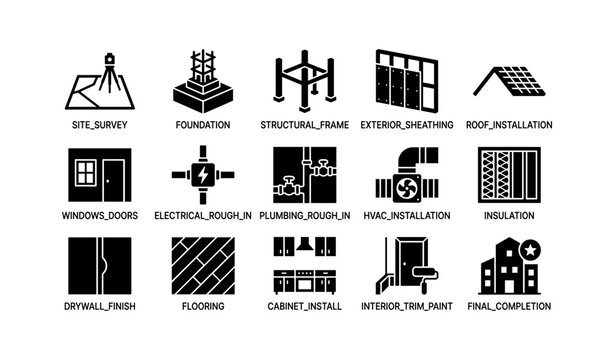 Construction process icons: survey, structure, plumbing, electrical, hvac, insulation, finish