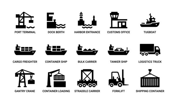 Maritime shipping icons set: cargo, terminal, crane, tugboat, container, truck