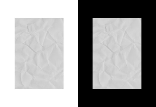 Dual contrast crumpled white paper texture panels on split black and white background for minimalist graphic design