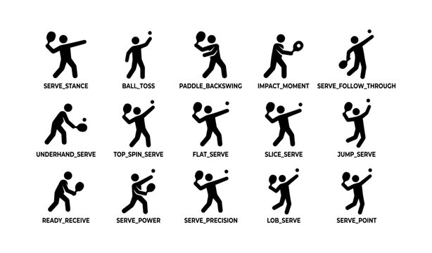 Table tennis techniques illustrated in silhouette icons
