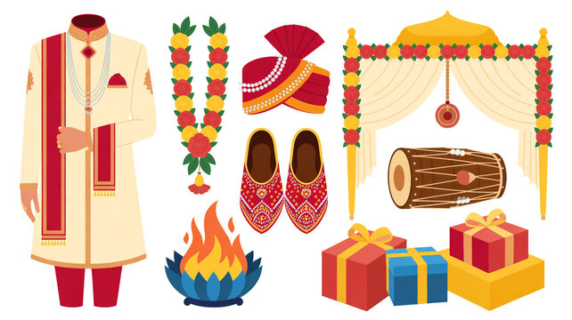 A collection of traditional Indian wedding items arranged in a flat design style on a white background.