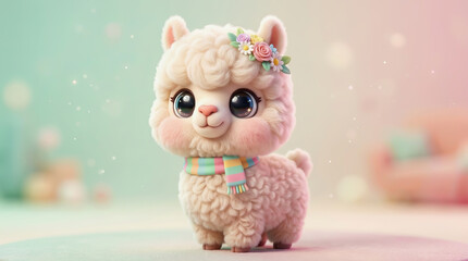 Fototapeta premium Adorable Cream Colored Llama with Scarf, Soft Focus Portrait
