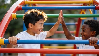 Fototapeta premium Two diverse boys giving a high-five on a colorful outdoor playground. Happy multi-ethnic children smiling and playing together. Friendship and teamwork concept