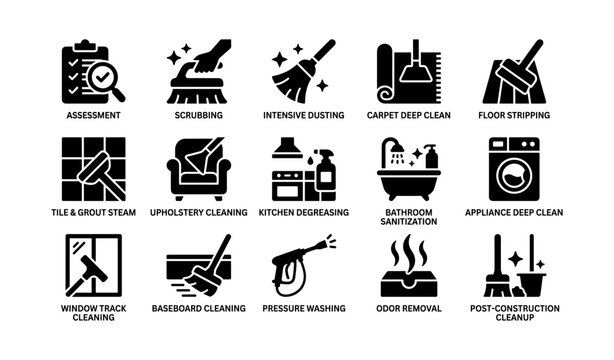 Comprehensive cleaning service icons: home and commercial maintenance solutions