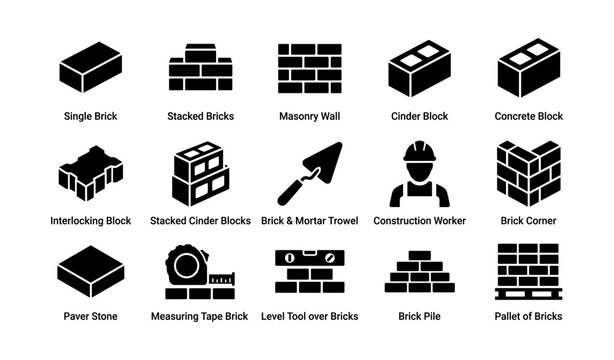 Construction tools and building materials icons set with bricks and blocks