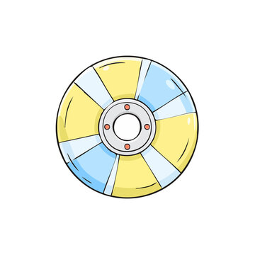 Hand drawn cartoon style illustration of a circular inflatable pool float with blue and yellow segments