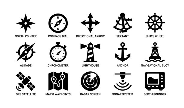 Navigation symbols: compass, sextant, lighthouse, anchor, gps, radar, sonar icons