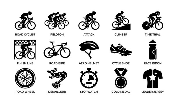 Cycling icons: race, gear, and techniques in black silhouette illustrations