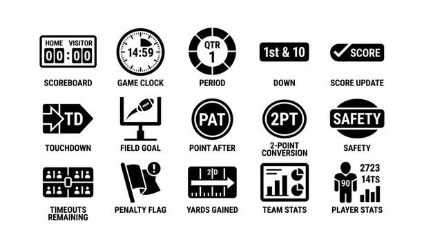 American football game icons set: scoreboard, strategy, scoring elements