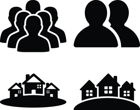Icons representing groups of people and residential housing with flat design silhouette residential building neighborhood community property collection pictogram illustration miscellaneous