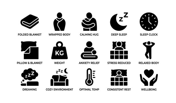 Symbols of relaxation and sleep including blanket, hug, and wellbeing